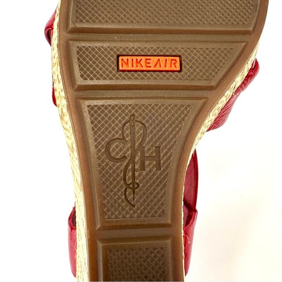 Cole Haan Platform Wedge Sandal Size 9.5 Red Leather Beige Jute Sling Back Comfy - Picture 9 of 16